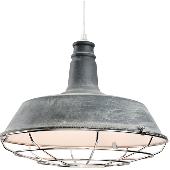 Large ceiling light with concrete effect finish and caged bottom