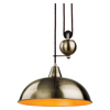 Close up of Rise and fall pendant light in an antique brass finish with copper insert