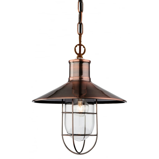 Industrial anqitue style caged pednant with glass shade and copper finish