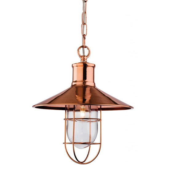 Industrial style caged pednant with glass shade and copper finish