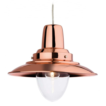 Modern twist on a traditional style pendant light in copper with a large glass shade