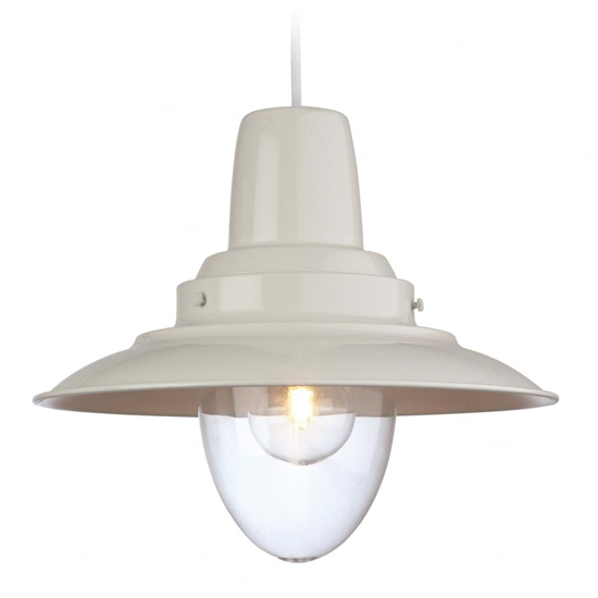 Modern twist on a traditional style pendant light in white with a large glass shade