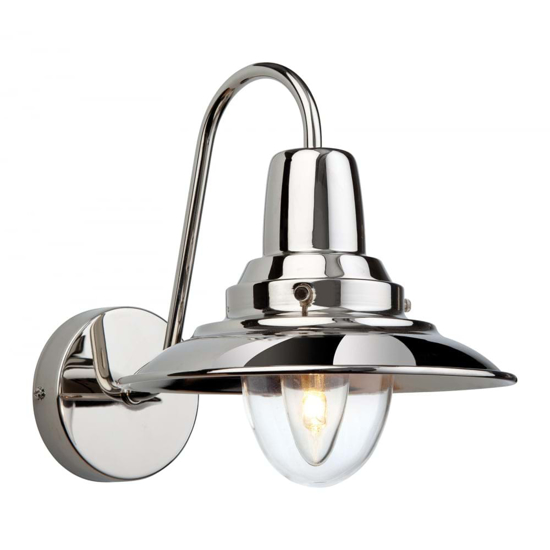 Modern twist on a traditional style wall light in chrome with a large glass shade