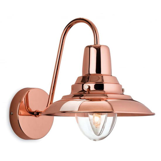 Modern twist on a traditional style wall light in copper with a large glass shade