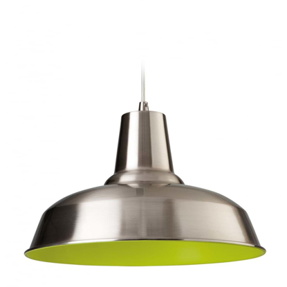 Brushed steel pendant light with green interior