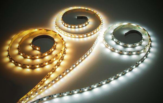 3 reels of LED illuminated LED strips showing colour options