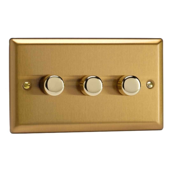Picture of Varilight V-Pro Brushed Brass 3-Gang 2-Way Rotary LED Dimmer 3x 0-120W JBDP303