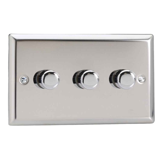 Picture of Varilight V-Pro Mirror Chrome 3-Gang 2-Way Rotary LED Dimmer 3x 0-120W JCDP303